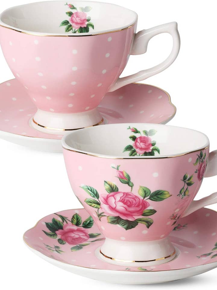 BTaT Floral Tea Cups & Saucers Set with Gold Trim for wholesale by Brew To A Tea