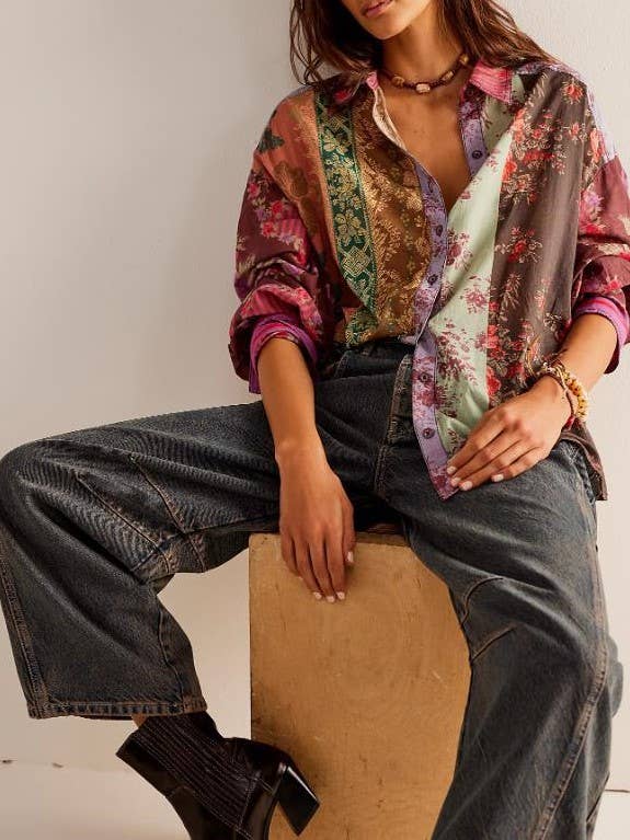 Rosa Clothing - Wholesale Button Down Shirt - Women's - Bohemia chic vibe Floral patchwork print button-up shirt4