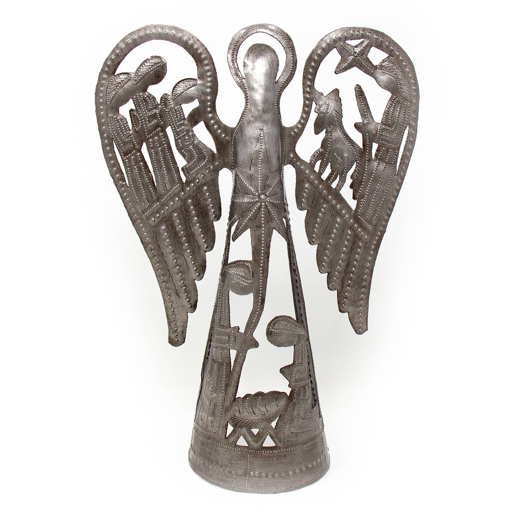 Global Crafts - Wholesale Sculpture - 12" Tall Nativity With Angel Haitian Metal Drum Sculpture1