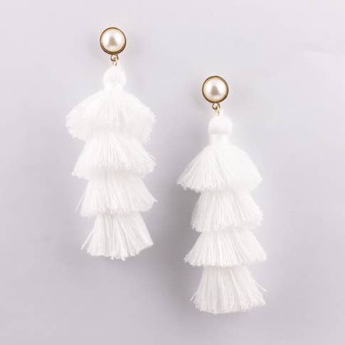 White Tassel Pearl Stud Earrings for wholesale by Kate Tuesday Jewelry