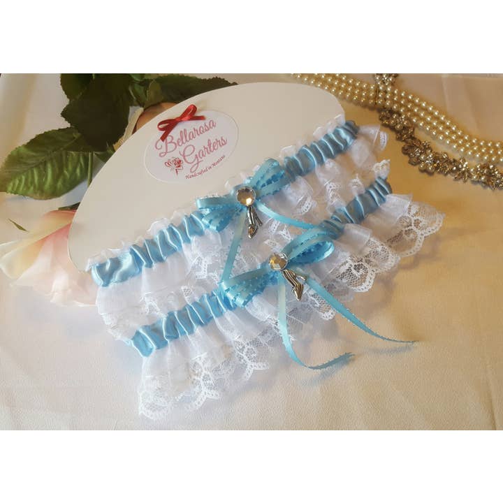 Askepot Tøffel Bryllup Strømpebånd Sæt - Blå og Hvid for engroshandel hos Bellarosa Garters