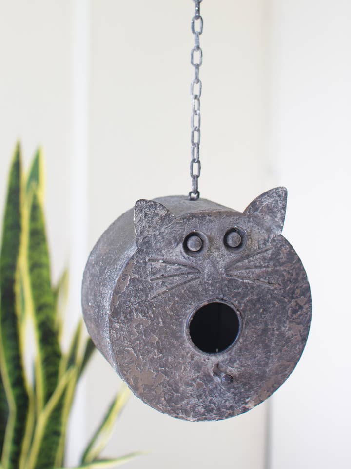 HANGING PAINTED METAL CAT FACE BIRDHOUSE for wholesale by Kalalou