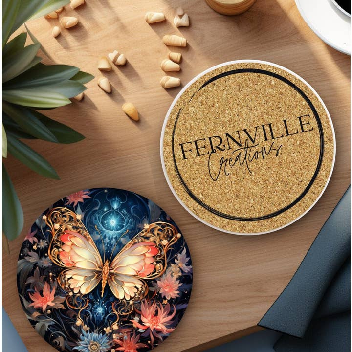 Fernville Creations - Wholesale Coasters - Butterfly Ceramic Coaster, Coral & Gold Nature Decor6