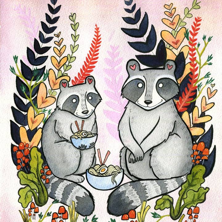 Danielle V Designs - Vente Affiche d'art - Raton laveur mangeant des nouilles Ramen