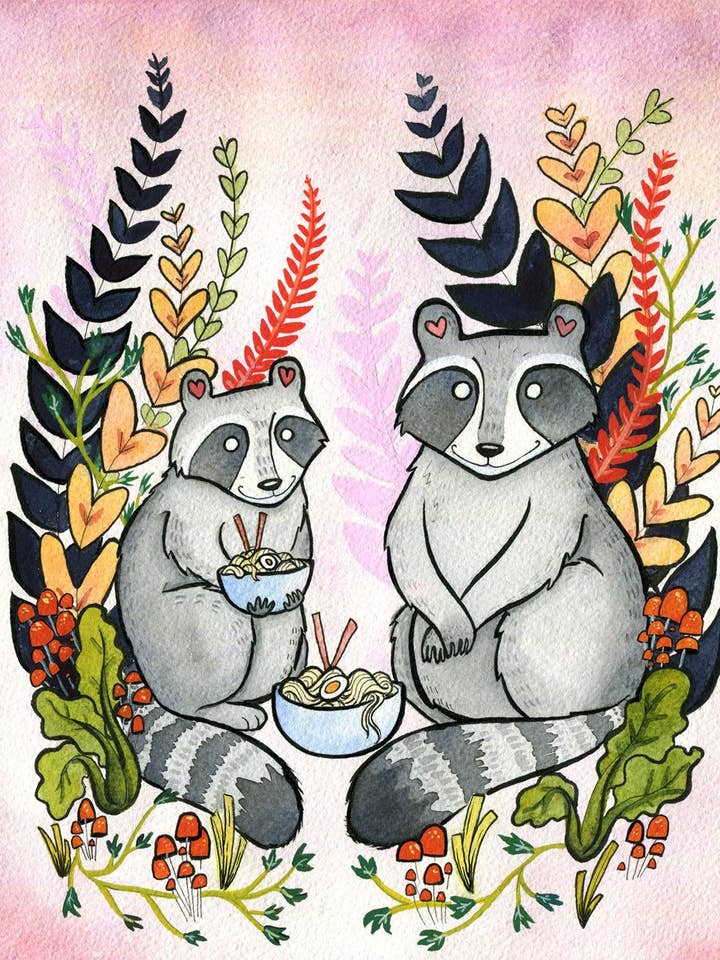 Guaxinins comendo macarrão Ramen por atacado de Danielle V Designs