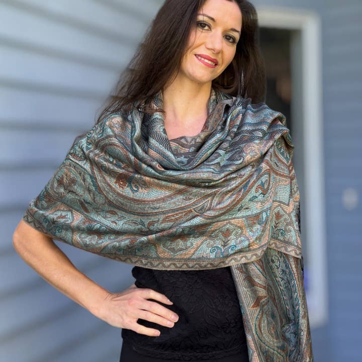 Rayz Intl - Wholesale Scarf - Women's - Teal and Gold Modal Silk Jamawar Pashmina
