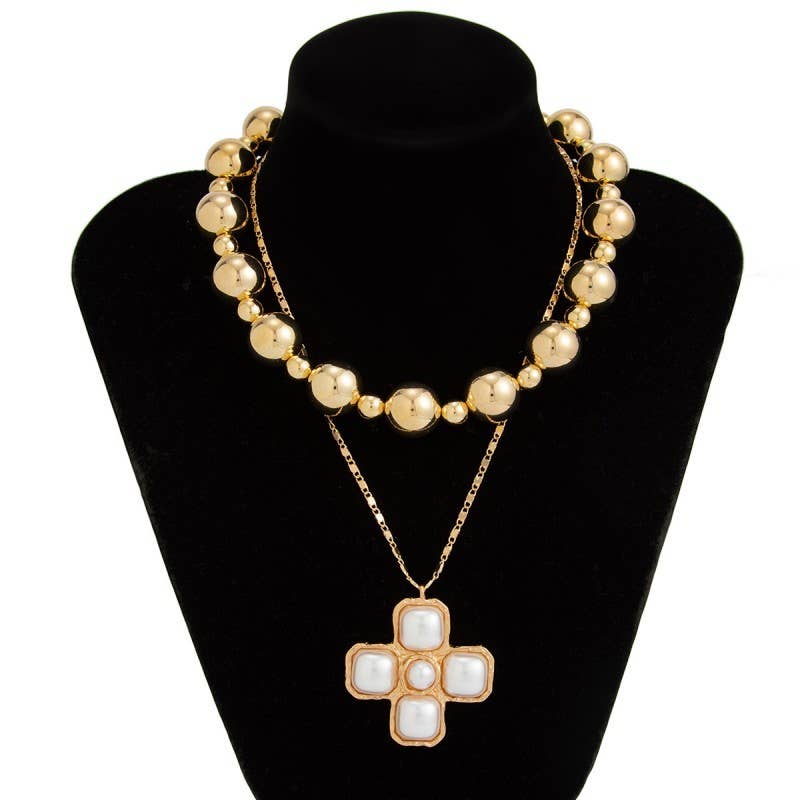 GOLD CROSS CHUNKY BALL CHAIN STATEMENT NECKLACE | 40NK9598 for wholesale on Faire3