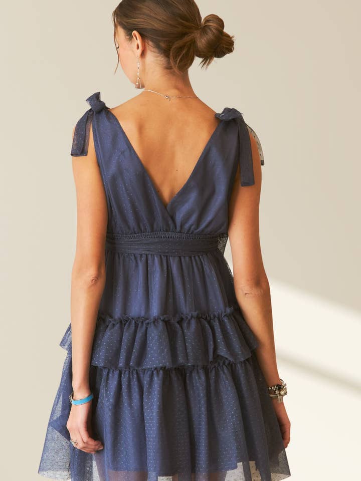 ADORA LA - Wholesale Dress - Women's - CED3533WN - TIE SHOULDER POLKA DOT MESH DRESS