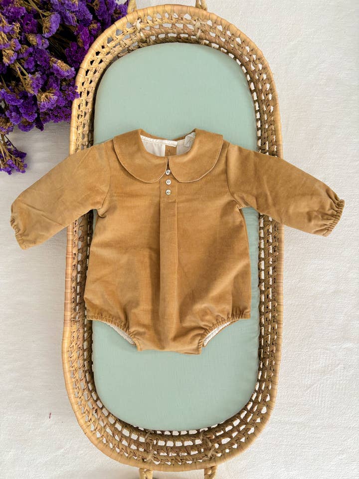 Camel Velvet Romper with Peter Pan Collar for wholesale by Maria Jasmim Baby & Child