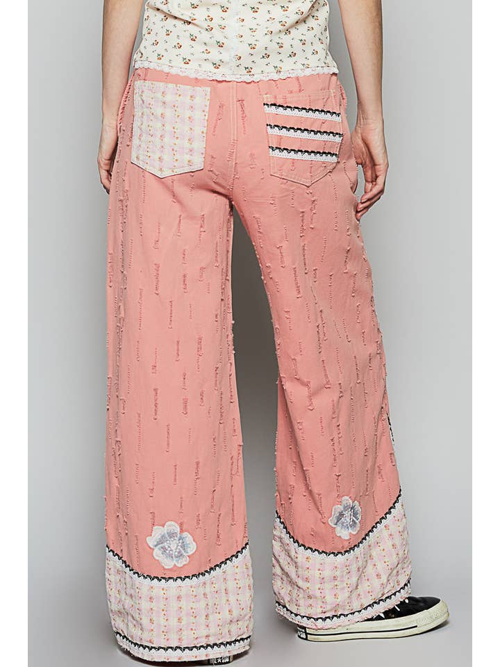 Pol Clothing - Wholesale Jeans - Women's - Floral patches embroidery elastic band casual pant