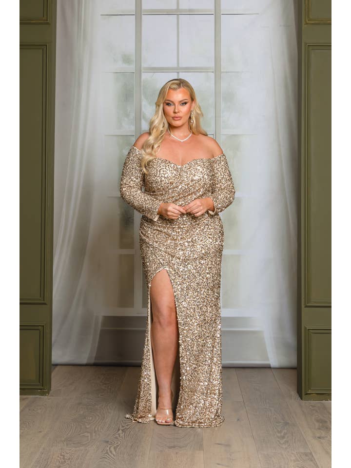 RICARICA INC. - Wholesale Gown - Women's - P1641P9-PLUS SIZE LONG SLEEVE OFF SHOULDER MAXI DRESS