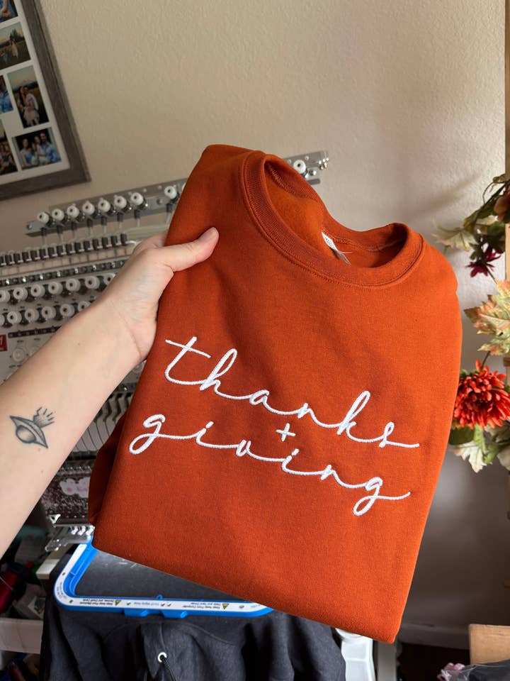 Thanks & Giving Puff Embroidered Crewneck for wholesale by Havoc & Harmony CO