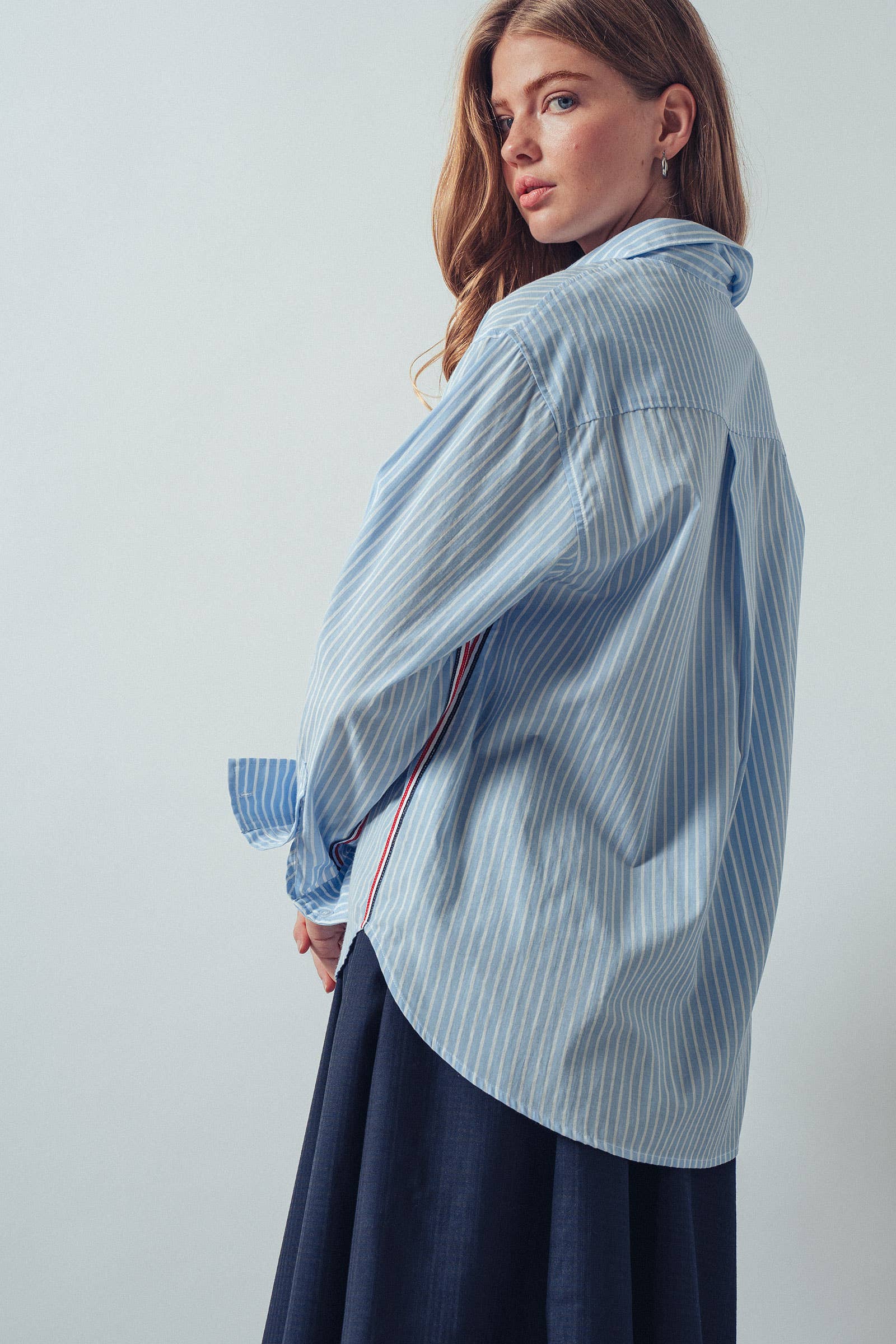 Urban Daizy - Wholesale Button Down Shirt - Women's - Striped Twill Tape Detail Statement Button Shirt4