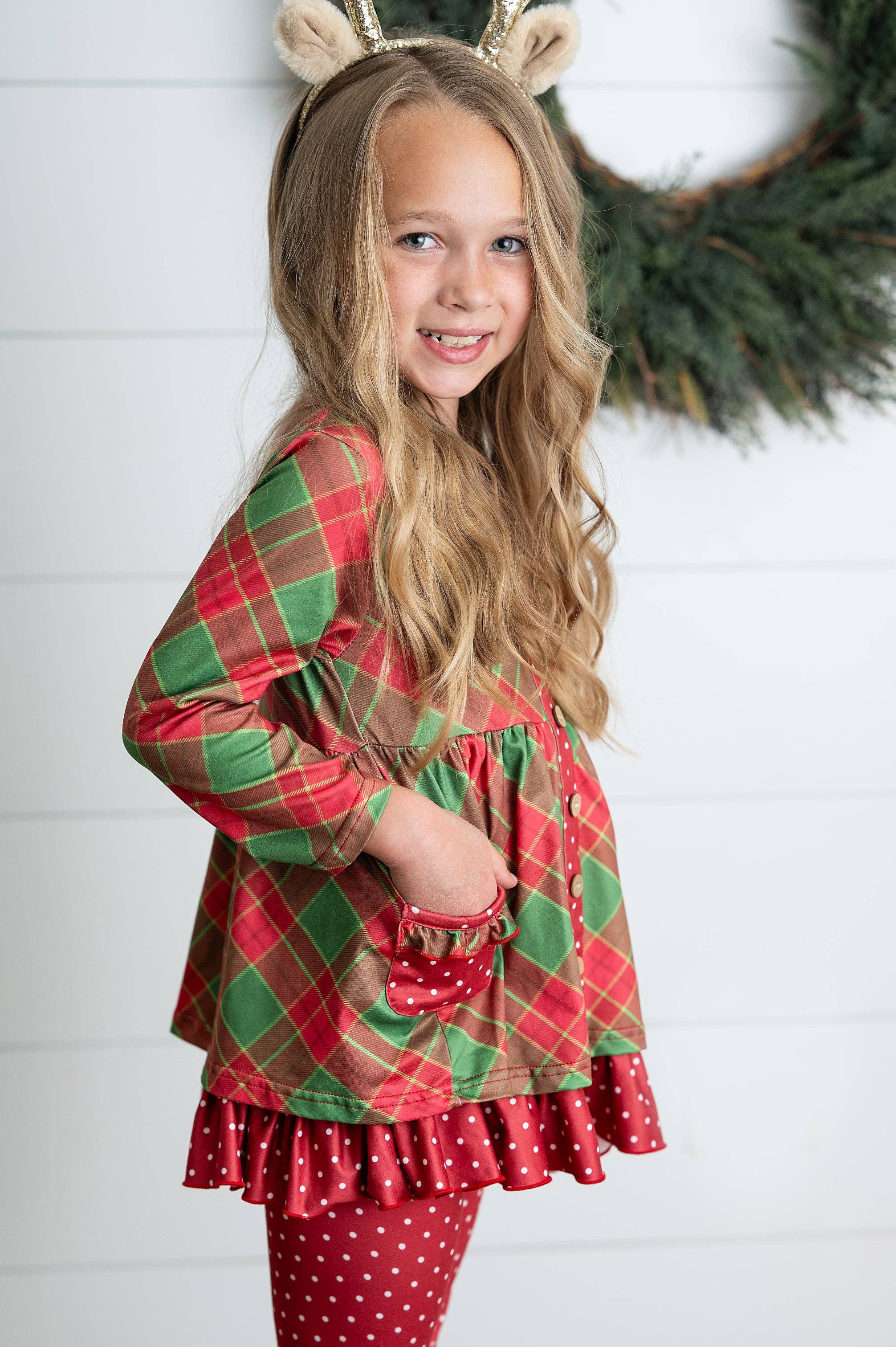Adorable Sweetness - Wholesale Top & Pant Set - Kids - Kids Holiday Plaid & Polka Dot Pocket Ruffle Button Pant Set3