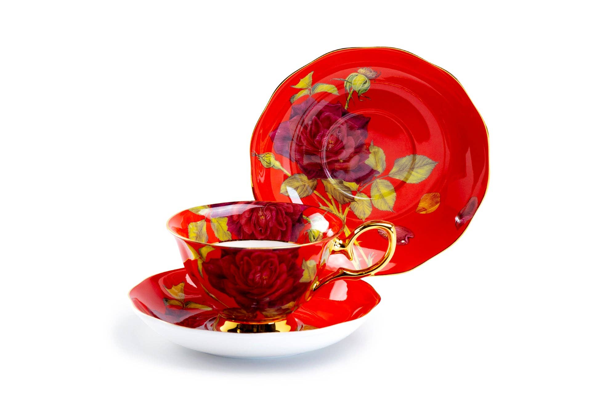 Grace Teaware - Wholesale Coffee/Tea Cup - Gold Red Stem Rose 7oz Bone China Tea Cup and Saucer3