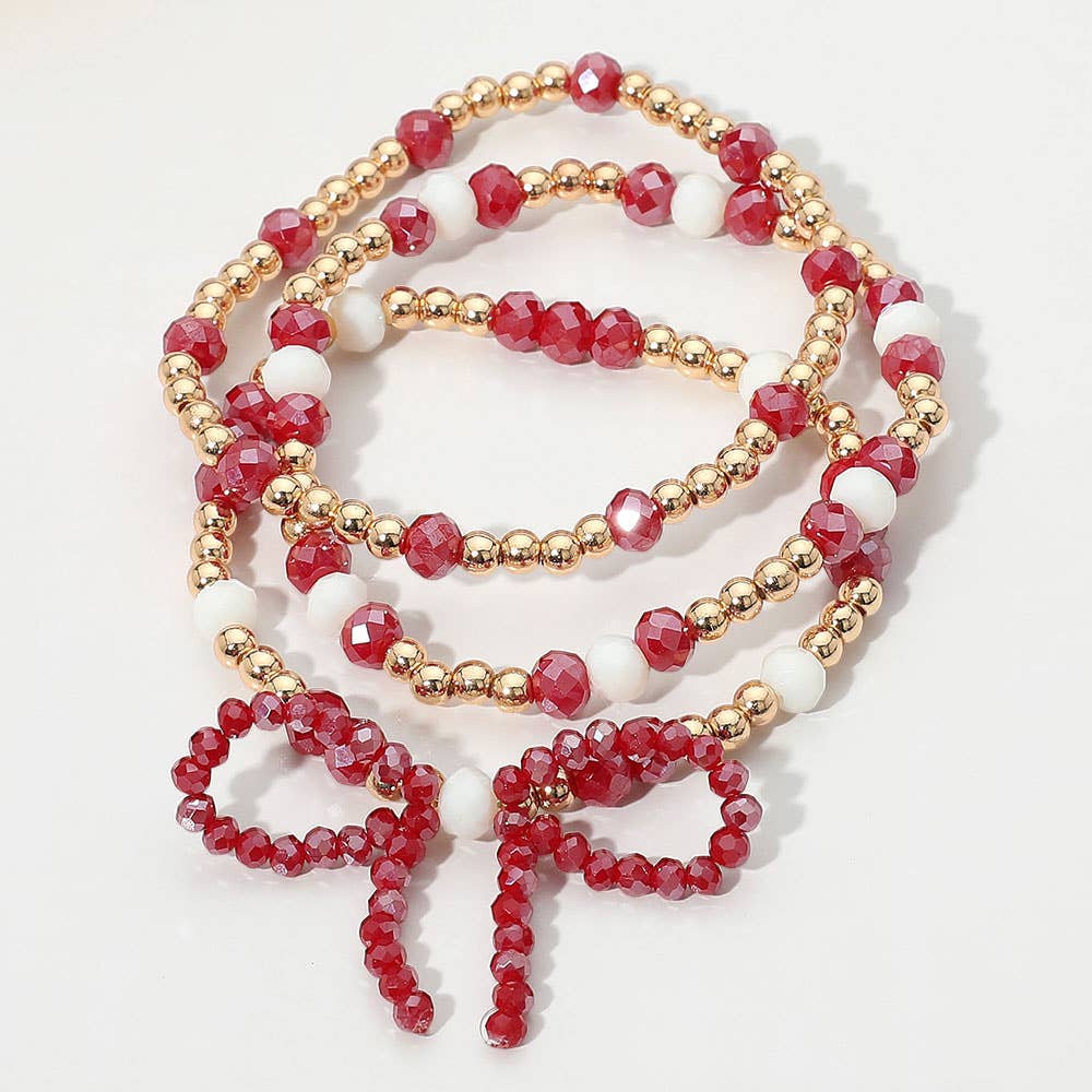 Sensibling Corp. - Wholesale Jewelry Set - 3PCS - Sports Team Theme Colored Bow Accent Faceted Beaded Stretch Multi Layered Bracelets3