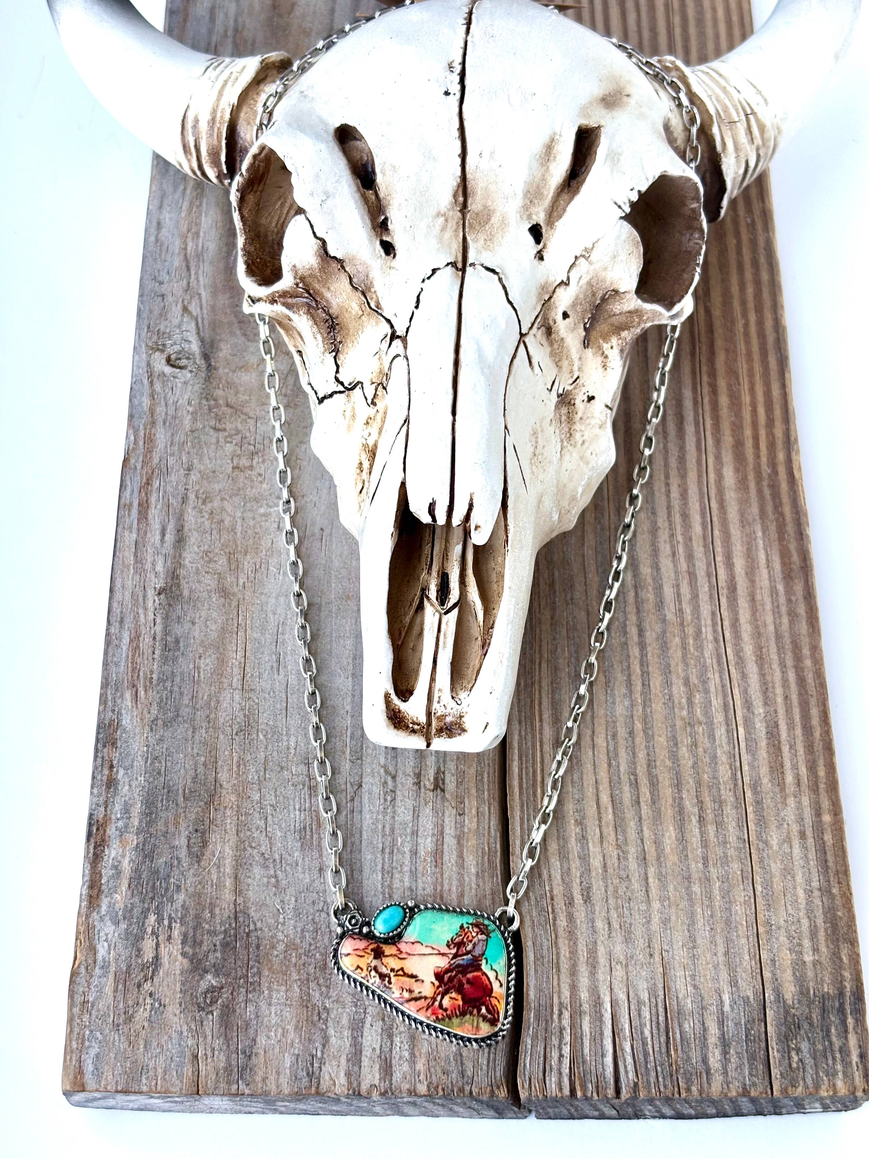 Boho Ranch Shop - Wholesale Pendant/Charm Necklace - Western Rodeo Scenery with Stone Pendant Necklace5