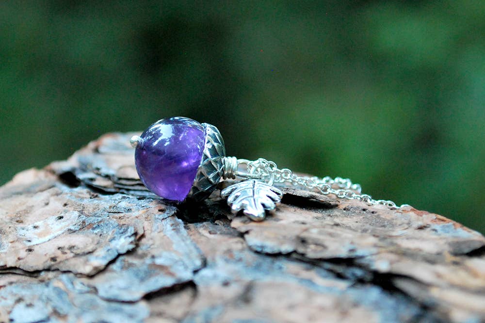 Enchanted Leaves - Wholesale Pendant/Charm Necklace - 18" Amethyst and Silver Acorn Necklace2