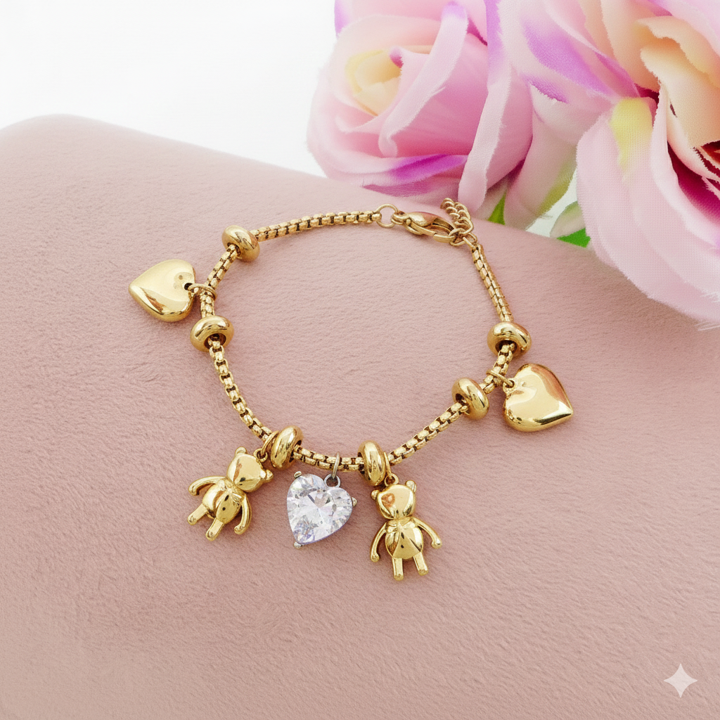 Daemon srls - Wholesale Charm/Dangle Bracelet - TEDDY - Bracciale con orsetti e cuori pendenti bombe' ACCIAIO INOSSIDABILE7