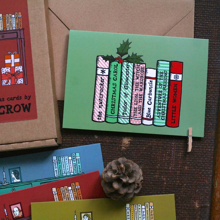 Laura Crow Illustration - Wholesale Christmas Card - Christmas Bookshelf Christmas Card