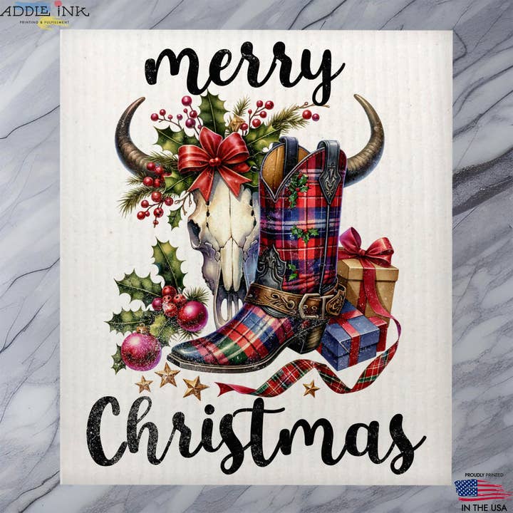 Merry Christmas Western Boots Mistletoe vaatdoek voor wholesale door ADDLE iNK