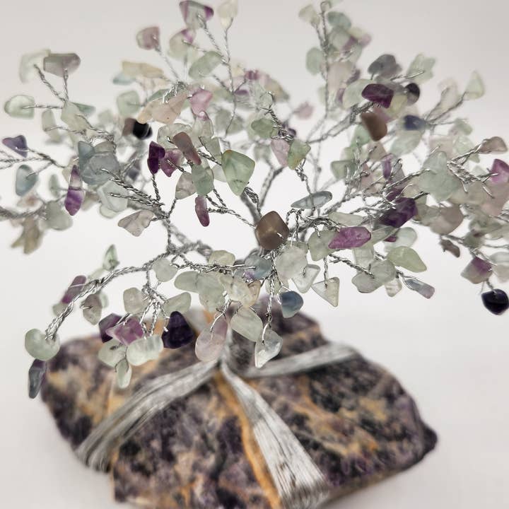 Meraki Gemstones - Wholesale Spiritual Stone/Crystal - Gemstone Tree-Rainbow Fluorite w/Amethyst Base Silver Wire3