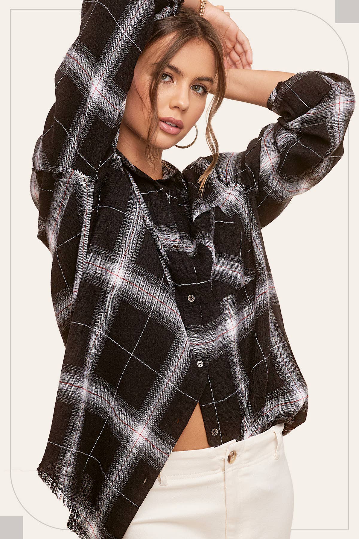 La Miel - Wholesale Button Down Shirt - Women's - SRT1372-Loose Fit Button Down Cut Edge Detailed Plaid Shirts3