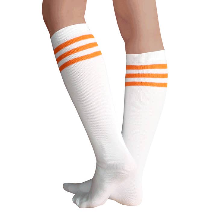 White/Orange Tube Socks for wholesale by Chrissy's Socks