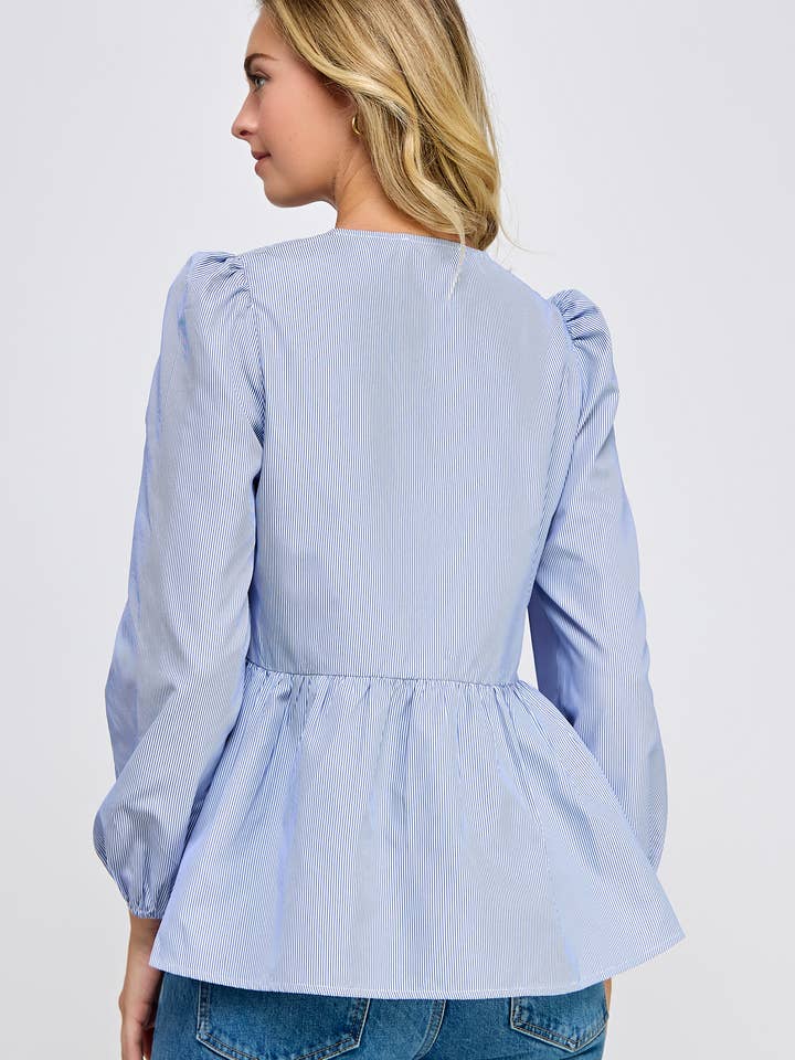 Ellison - Wholesale Blouse - Women's - TT-10190-6 LONG SLEEVE TIE FRONT PEPLUM BLOUSE BLUE