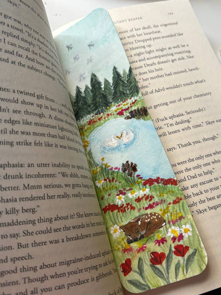 Marque-page peint à la main « Jardin des Cygnes » pour la vente par Megan Lindsey Illustration