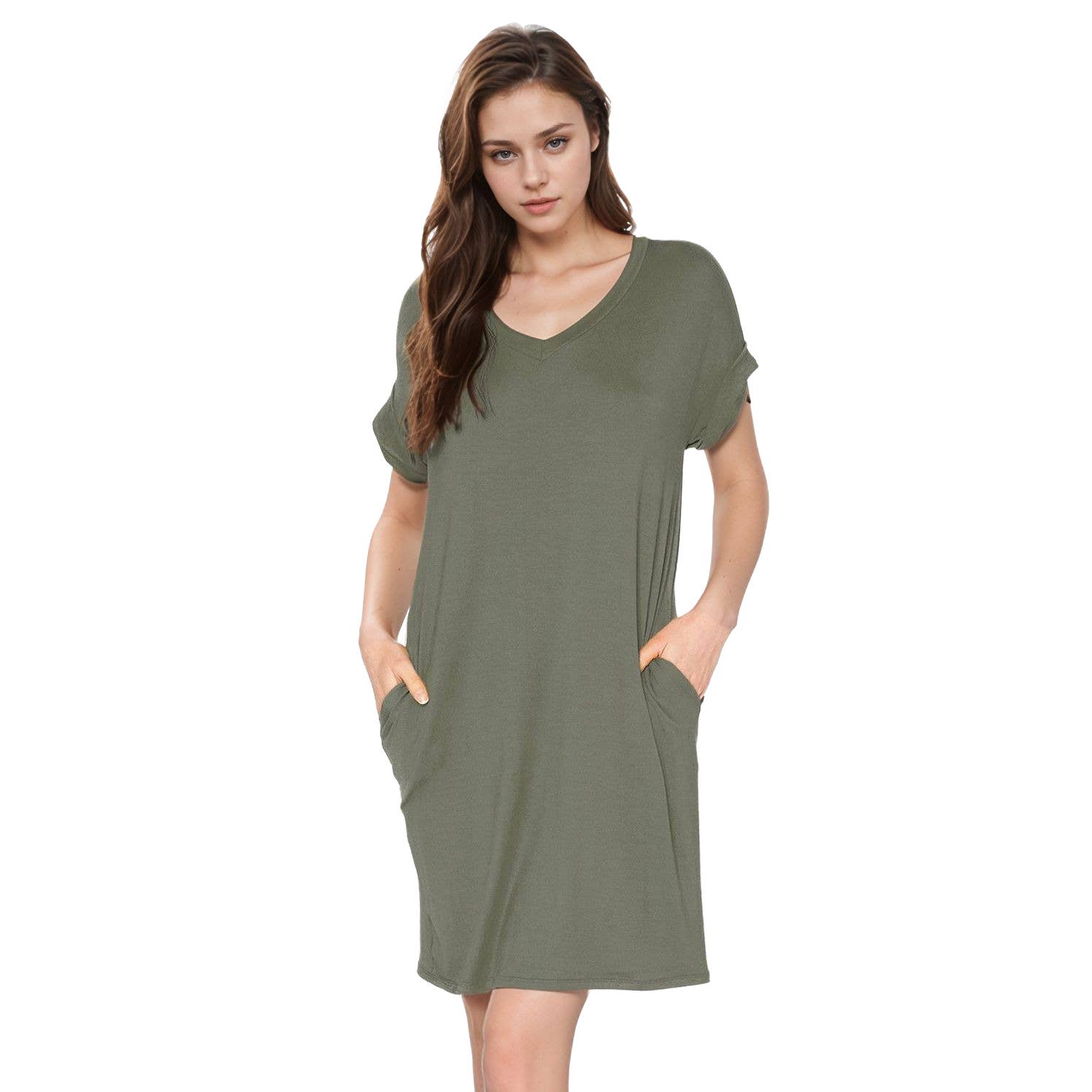 Robin K - Wholesale Dress - Women's - Women's Bellatrix V- Neck T-shirt Dress With Pocket0