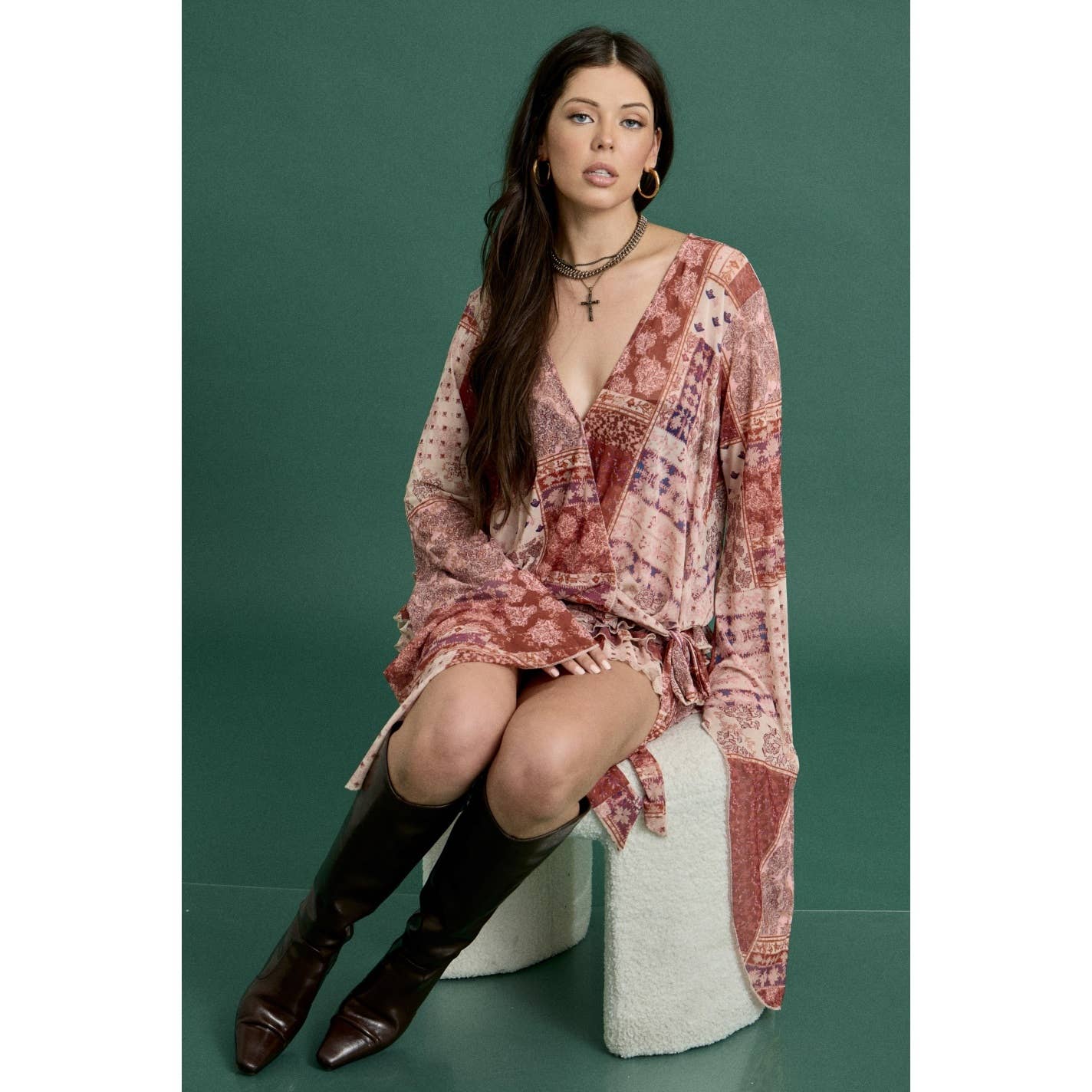 RED COMBO Spring Boho Patchwork Ruffle Mini Dress for wholesale on Faire3