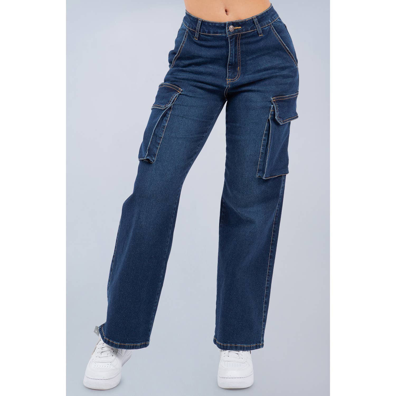 Lily High Rise Cargo Jeans - Medium Blue Wash