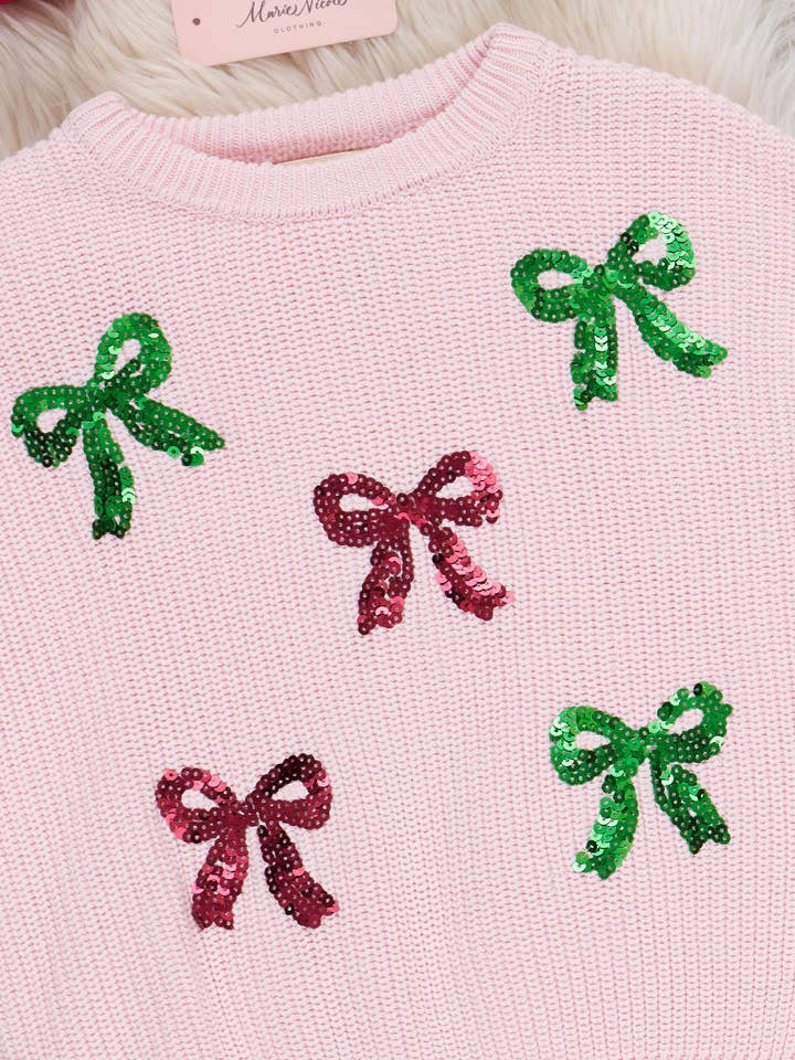 Marie Nicole Clothing - Wholesale Knit Sweater - Kids - Sweet Christmas Bows Oversized Sweater1
