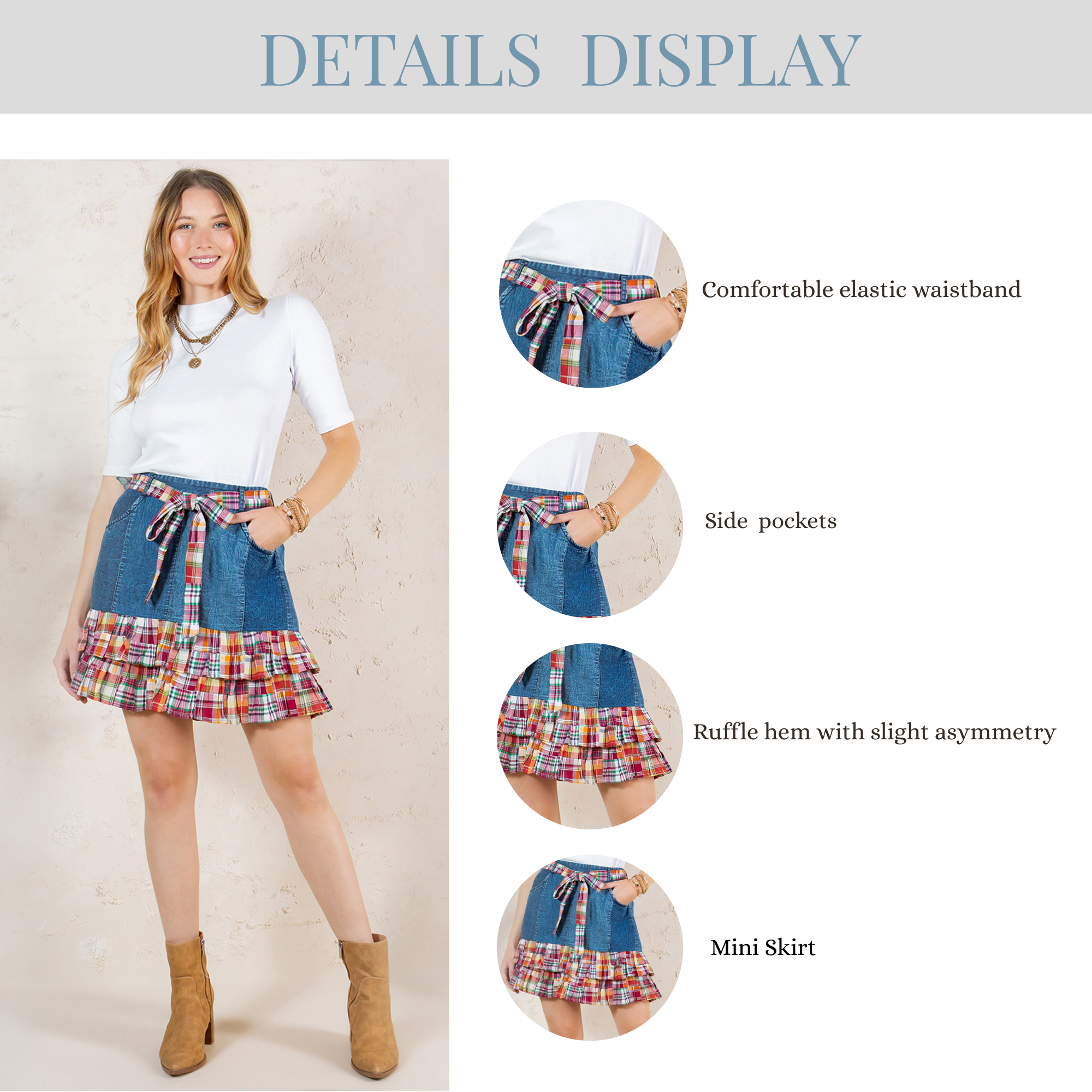 Young Threads - Wholesale Skirt - Women's - Playful Denim Mini Skirt with Plaid Patch Details14