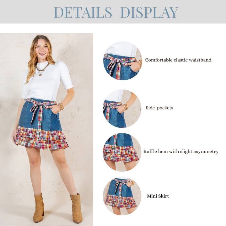 Young Threads - Wholesale Skirt - Women's - Playful Denim Mini Skirt with Plaid Patch Details14
