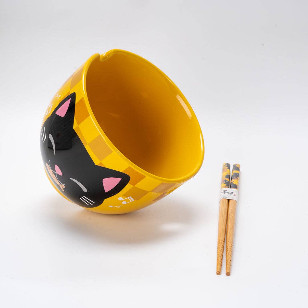 Urban Tokyo - Wholesale Bowl - 18oz 5"D Donburi Bowl With Chopsticks Set Neko Friends Yellow (4/16)3