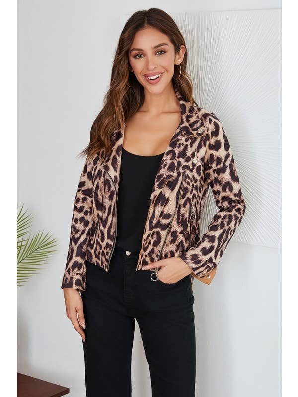 Beige luipaard Motojack met luipaardprint en ringrits voor groothandel op Faire