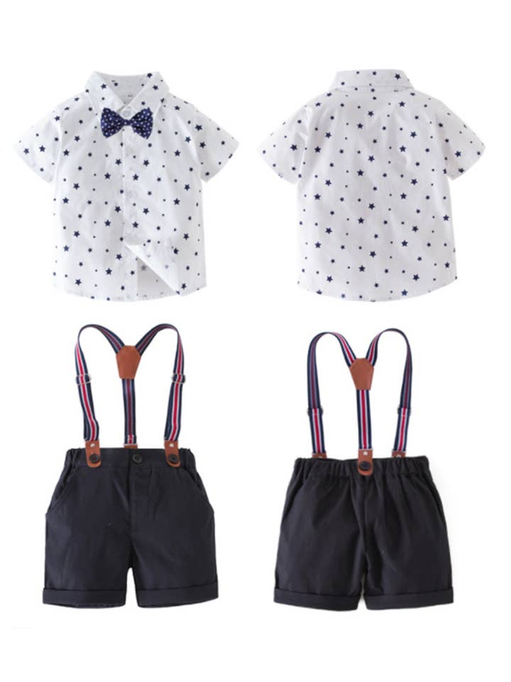 Fennco Styles - Wholesale Clothing Set - Baby - Star Print Dress Shirt, Shorts & Suspenders 3pcs Boy Outfit