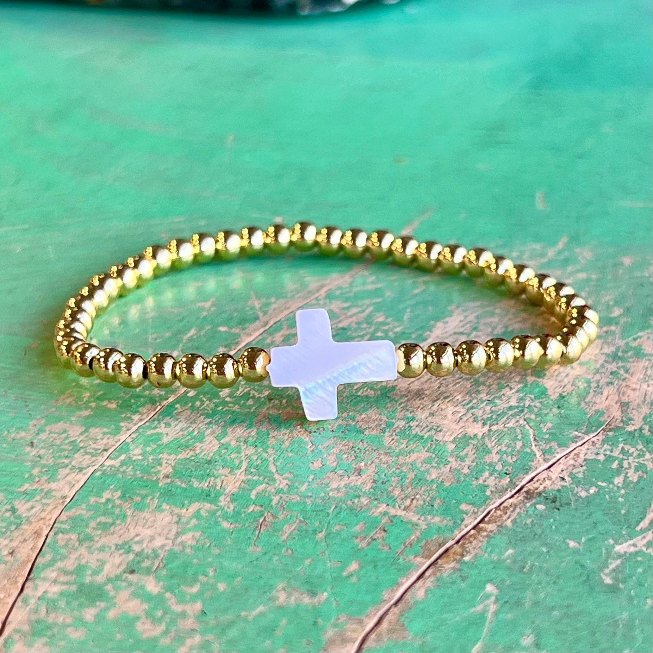 Love and Honor Jesus LLC - Wholesale Beaded Bracelet - Single Shell Cross or Heart Gold Beaded Bracelet0