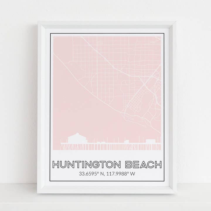 Impression de Huntington Beach CA avec horizon, carte, coordonnées pour la vente par Paperfinch Design