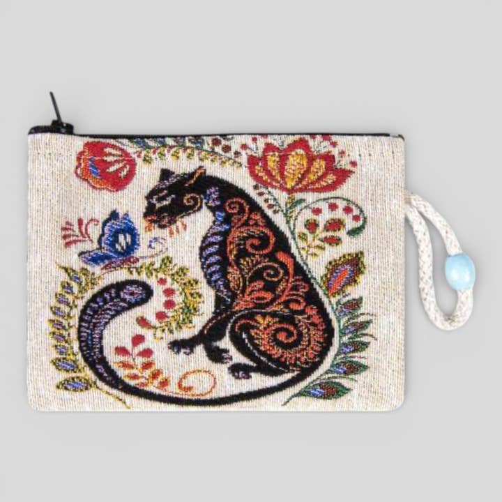 Mini Kilim gewebtes Reißverschluss-Münztäschchen - Florale Schwarze Katze & Schmetterling für den Großhandel von Guzel Handcrafts