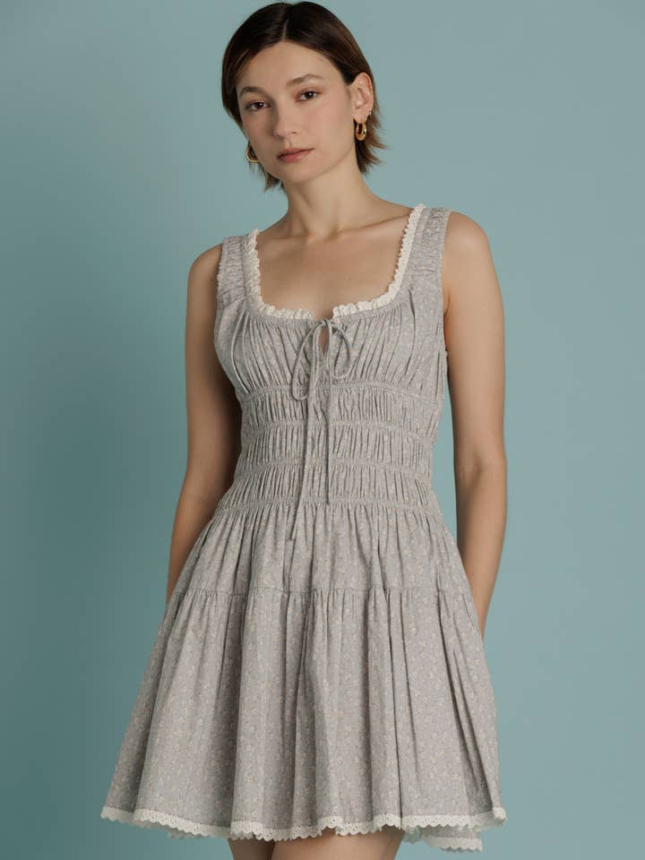 AD2366 - EYELET TRIM FLORAL MINI DRESS for wholesale by Aureum