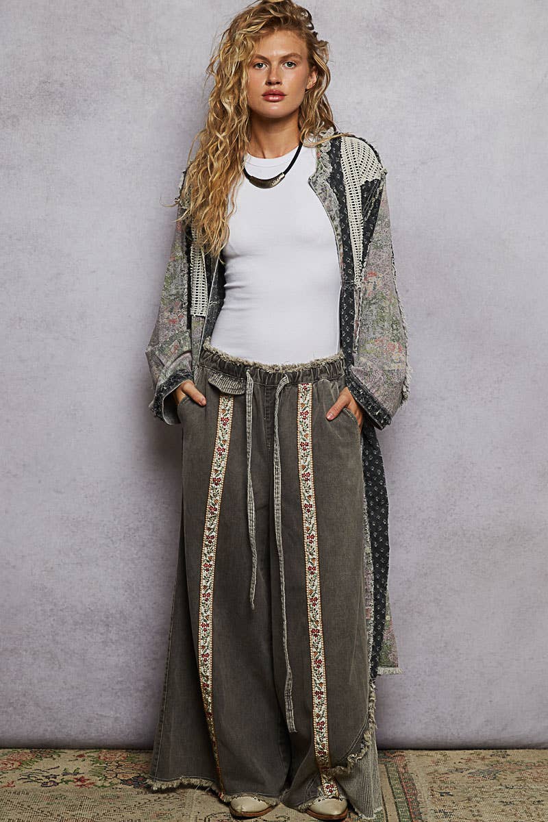 Pol Clothing - Wholesale Cardigan - Women's - Long sleeve crochet contrast denim maxi length open cardigan2