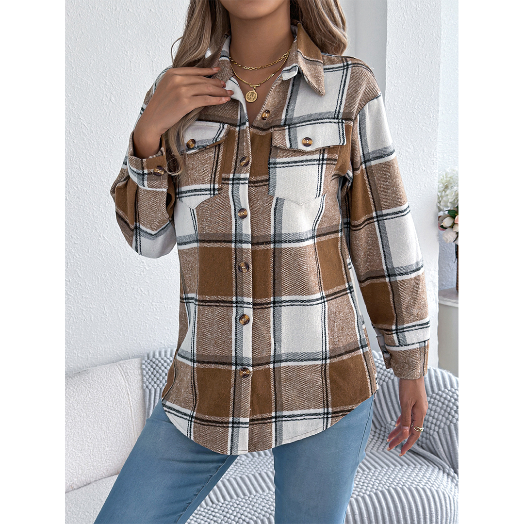 UNISHE – wholesale Jacket – Women's – Fall Plaid Faux Pocket Long Sleeve Mid-Length Jacket BJS2770