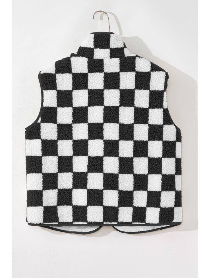 Black Checker Sherpa Zipped Jacket Vest for wholesale on Faire