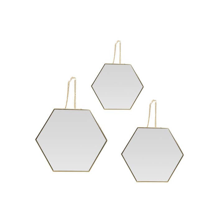 Set aus 3 sechseckigen Deko-Spiegeln zum Aufhängen aus Metall für den Großhandel von CP INTERNATIONAL