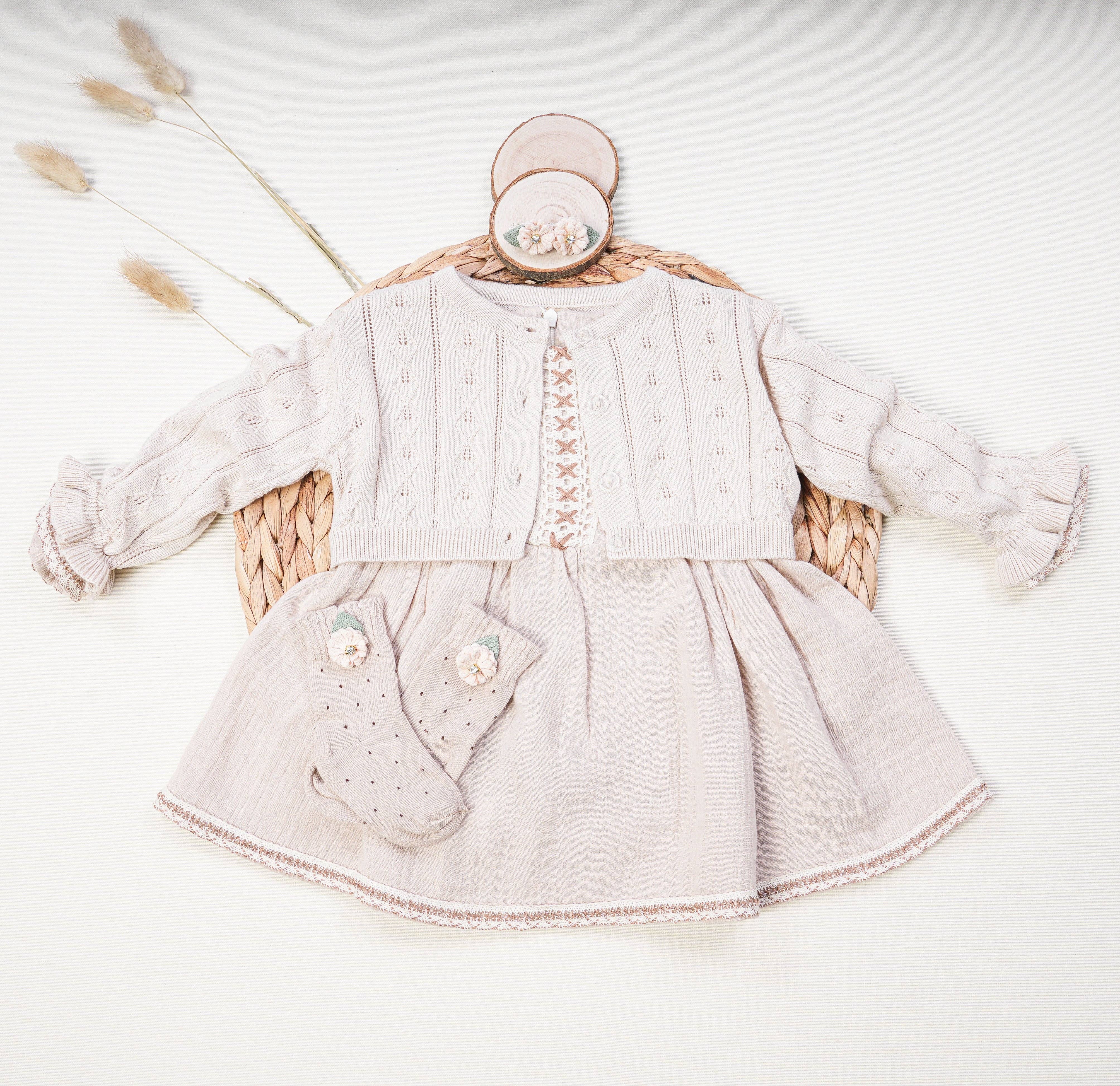 Dreamline - Wholesale Clothing Set - Baby - Baby Girl Muslin Dress and Cardigan Set Beige0