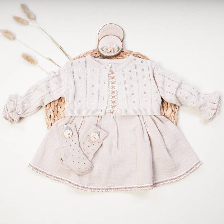 Dreamline - Wholesale Clothing Set - Baby - Baby Girl Muslin Dress and Cardigan Set Beige