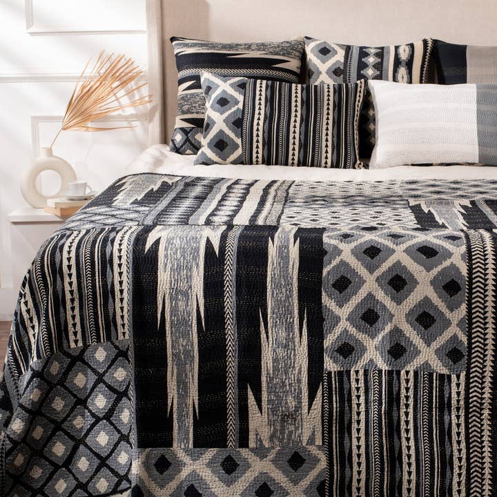 Monotone Ikat Kantha Bedcover - Monotone Black for wholesale by Maison Mieko